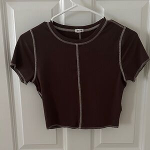 Garage Dark Brown Short Sleeve Top with Contrast Stitching